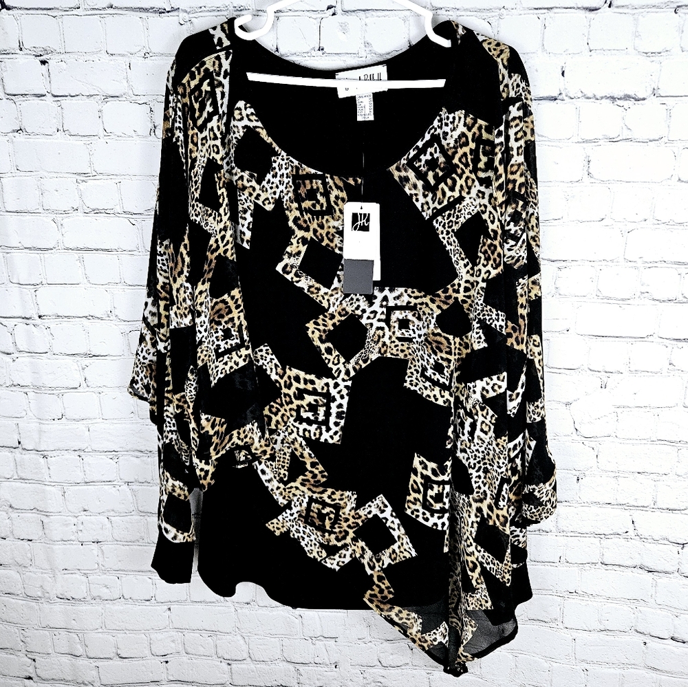 JOSEPH RIBKOFF | gold leopard animal print sheer asymmetrical flowy blouse
